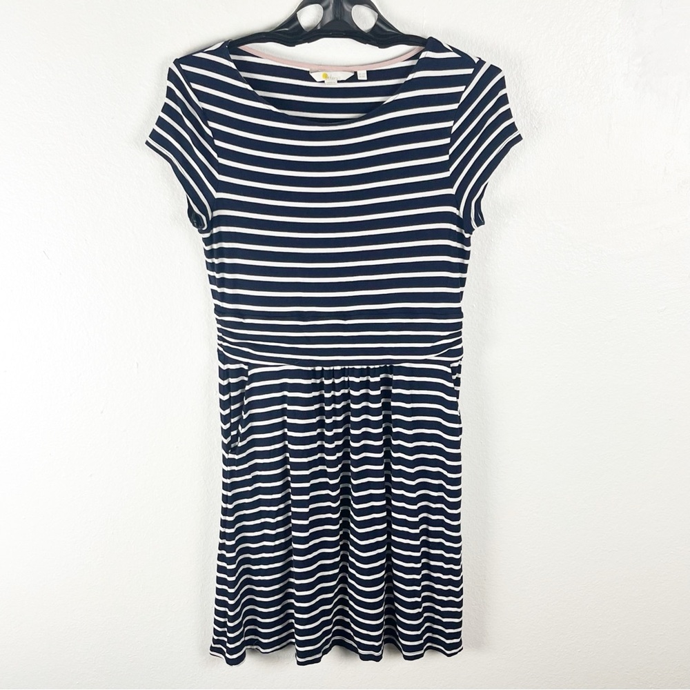 BODEN Amelie Navy White Ruched Waistline Short Sleeves Striped Jersey Dress 8P